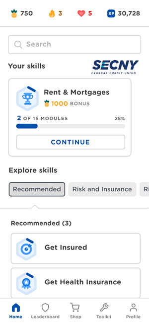 unlock your financial potential near syracuse ny image of zogo app with rent and mortgages 1000 bonus 2 of 15 modules continue button explore skills recommended risk and insurance recommended 3 get insured get health insurance home leadership shop toolkit and profile buttons