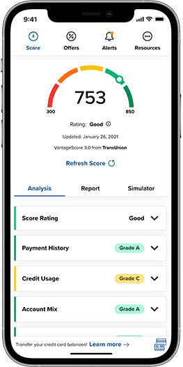 mobile banking app phone screen showing credit score and report