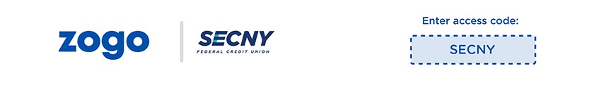 unlock your financial potential near syracuse ny image of zogo logo secny federal credit union logo and enter access code SECNY to login